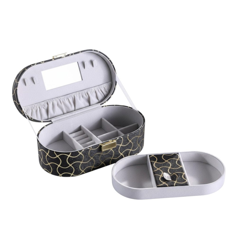 10" Black And Gold Faux Leather Abstract Scroll Jewelry Box Travel Case With Mirror. Jewelry boxe isolated on a plain white background, showing a faux leather surface.