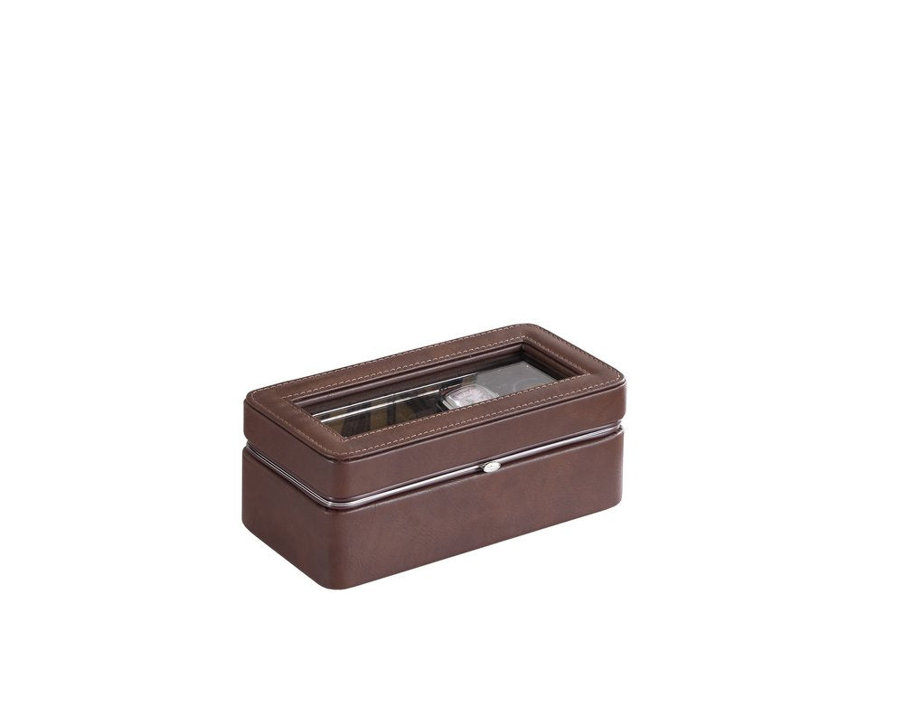 Brown faux leather watch box with a clear glass lid and silver metal accents, on a white background.