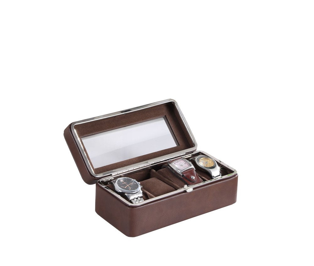 8" Brown Clear And Silver Faux Leather And Glass Six Section Watch Box With Metal Accents on a white background