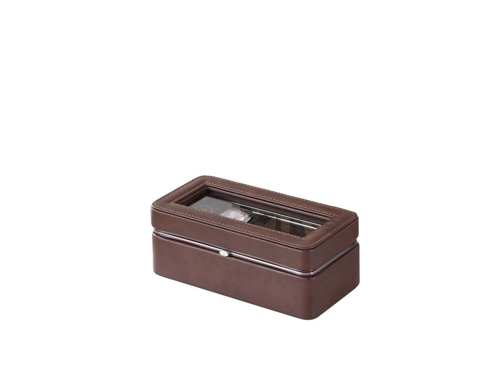8" Brown Clear And Silver Faux Leather And Glass Six Section Watch Box With Metal Accents on a white background