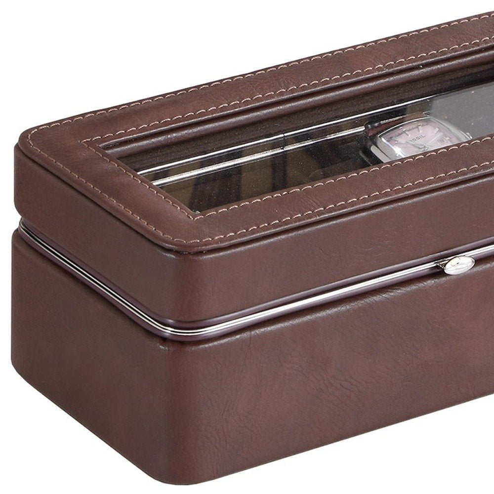 8" Brown Clear And Silver Faux Leather And Glass Six Section Watch Box With Metal Accents on a white background