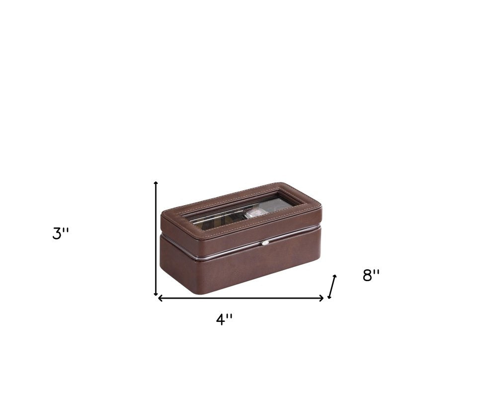 8" Brown Clear And Silver Faux Leather And Glass Six Section Watch Box With Metal Accents on a white background