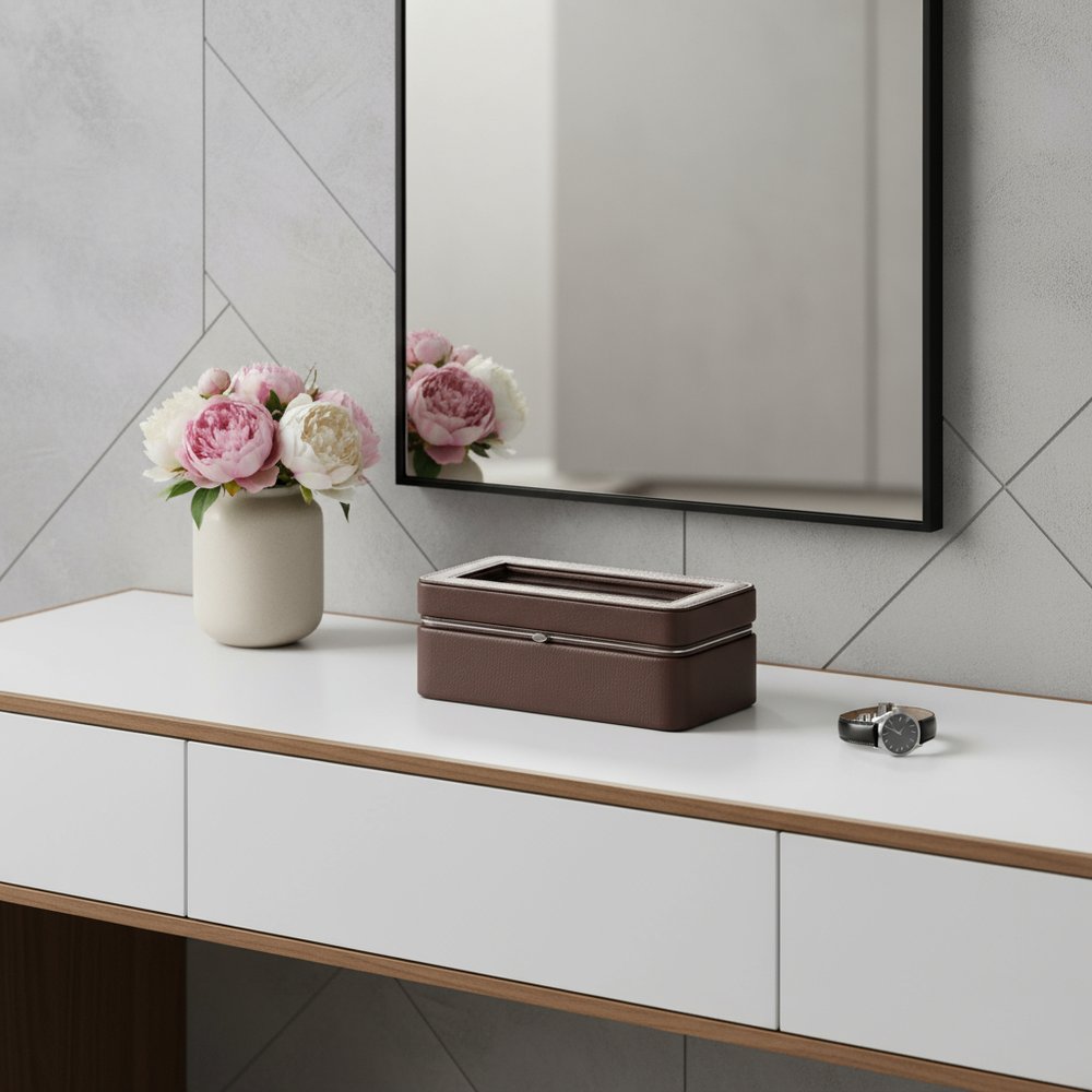8" Brown Clear And Silver Faux Leather And Glass Six Section Watch Box With Metal Accents in a home interior