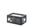 A blue and clear faux leather and glass nine-section watch box with metal accents on a white background.