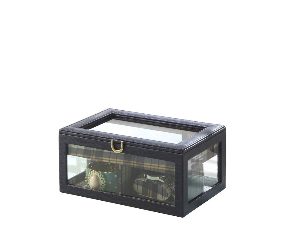 A blue and clear faux leather and glass nine-section watch box with metal accents on a white background.