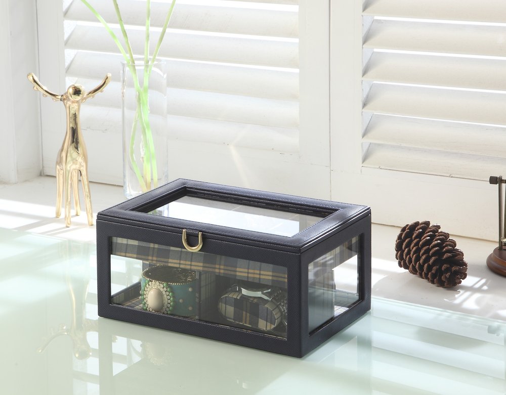 10" Blue And Clear Faux Leather And Glass Nine Section Checkered Watch Box With Metal Accents. Jewelry boxe isolated on a plain white background, showing a clear faux leather surface.