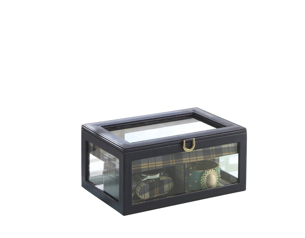 10" Blue And Clear Faux Leather And Glass Nine Section Checkered Watch Box With Metal Accents. Jewelry boxe isolated on a plain white background, finished in clear faux leather.