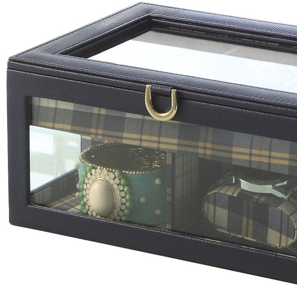 10" Blue And Clear Faux Leather And Glass Nine Section Checkered Watch Box With Metal Accents. Jewelry boxe isolated on a plain white background, showing a faux leather surface.