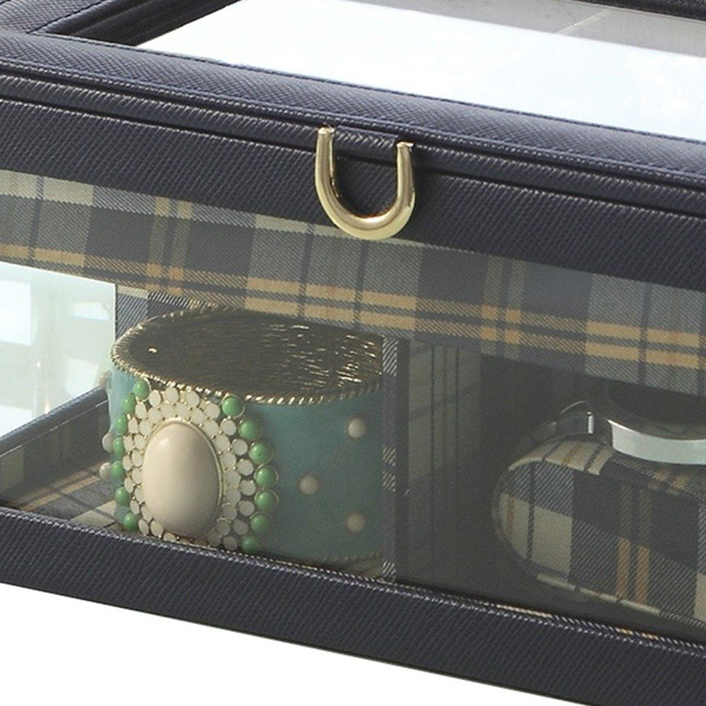 10" Blue And Clear Faux Leather And Glass Nine Section Checkered Watch Box With Metal Accents detail shot of the clear faux leather finish.