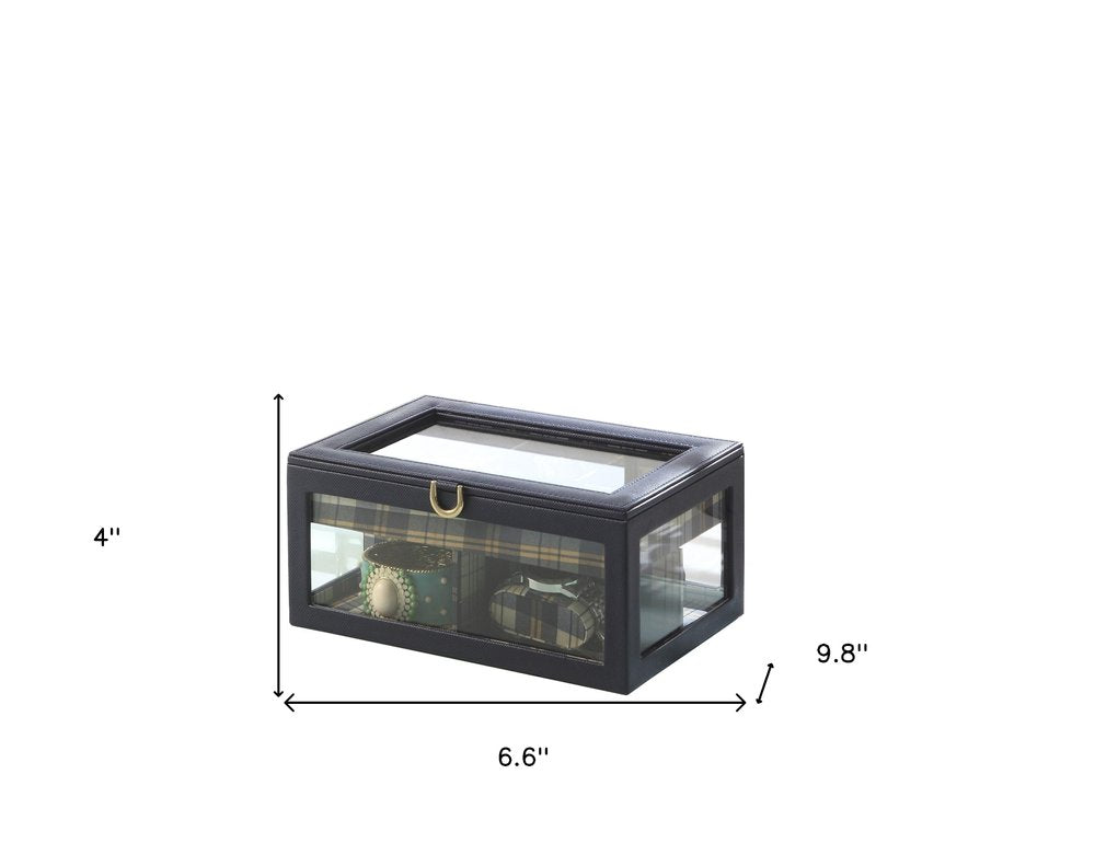 10" Blue And Clear Faux Leather And Glass Nine Section Checkered Watch Box With Metal Accents. Jewelry boxe isolated on a plain white background, showing a clear faux leather surface.