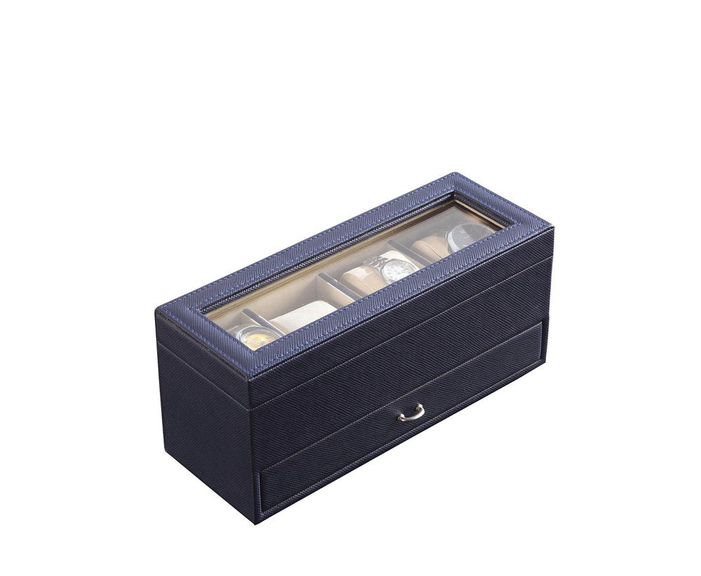 Blue faux leather watch box with clear glass lid and metal drawer pull, on a white background.
