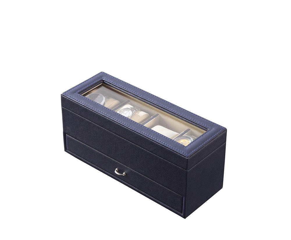 9" Blue And Clear Faux Leather And Glass Four Section Watch Box With Metal Accents on a white background