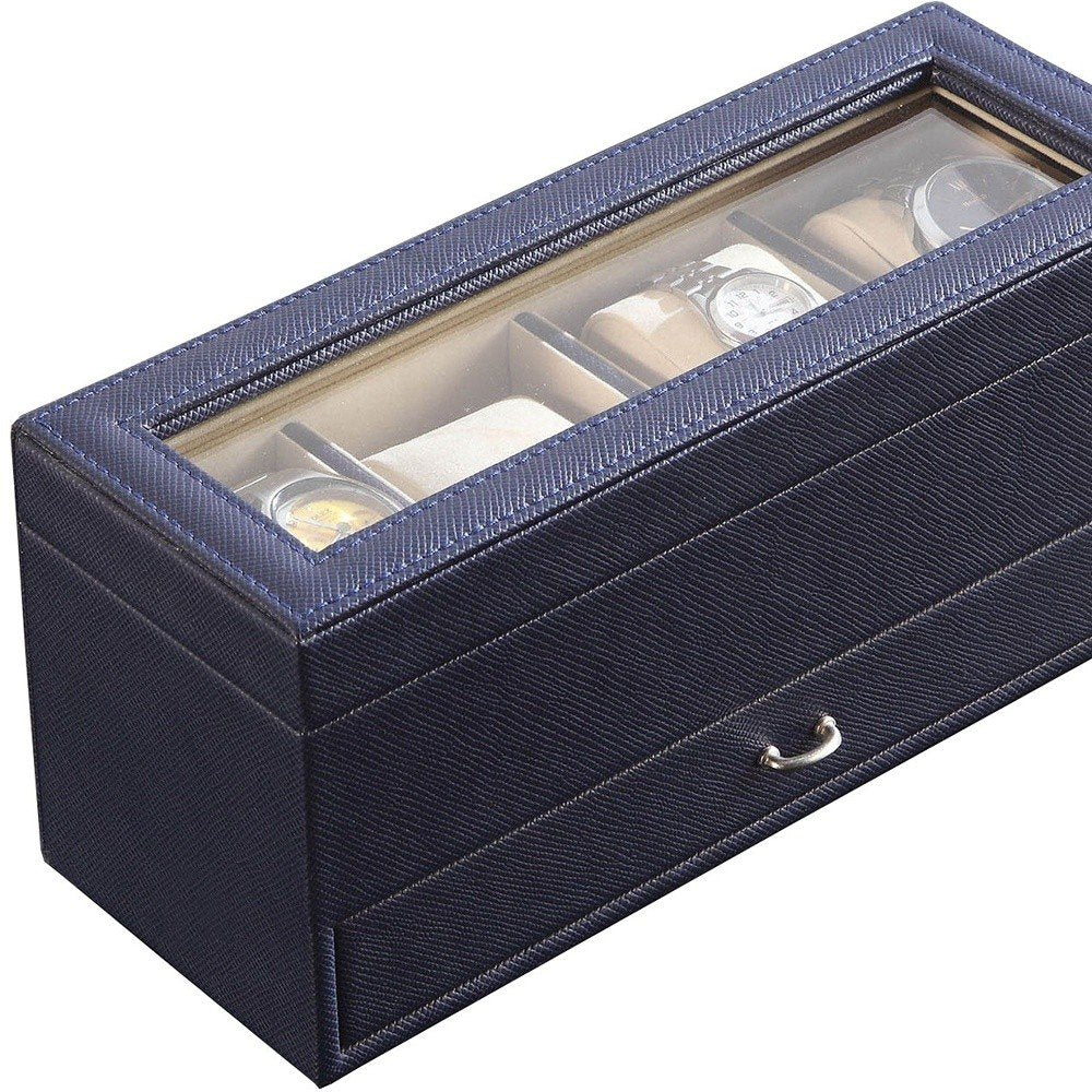 9" Blue And Clear Faux Leather And Glass Four Section Watch Box With Metal Accents on a white background