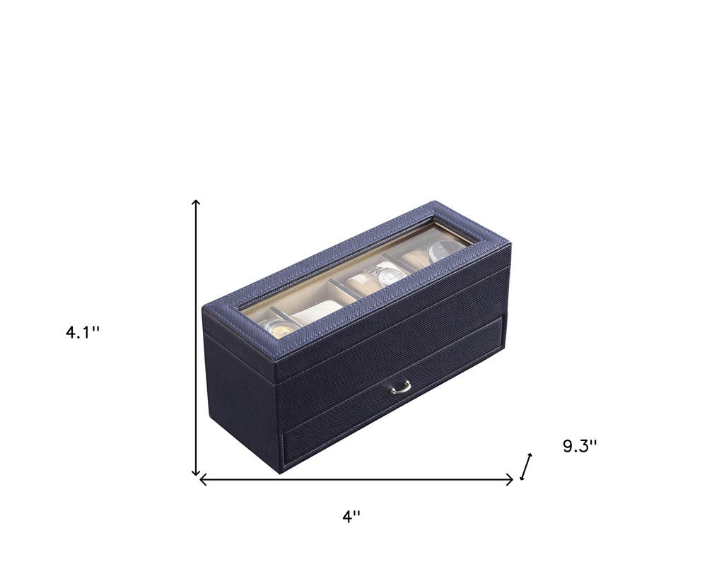 9" Blue And Clear Faux Leather And Glass Four Section Watch Box With Metal Accents on a white background