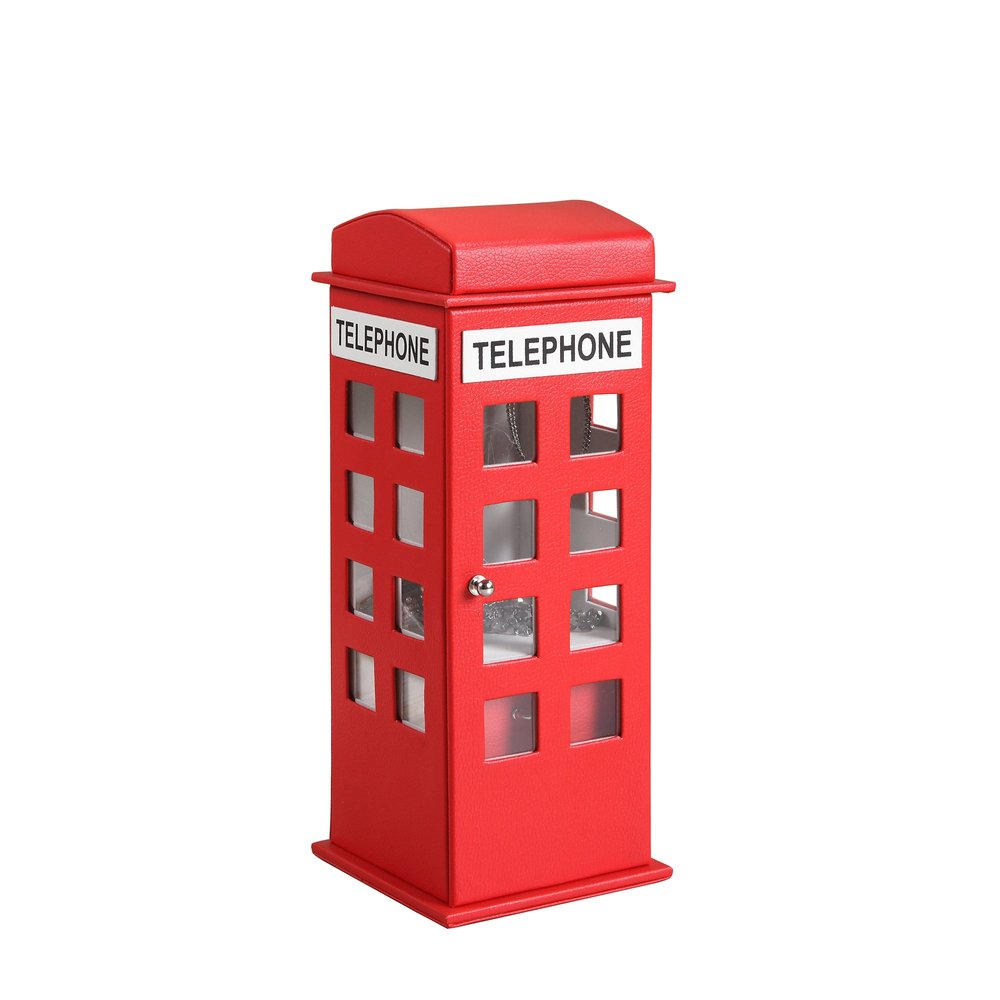 Red faux leather jewelry box shaped like a telephone booth with white "TELEPHONE" labels on a white background.