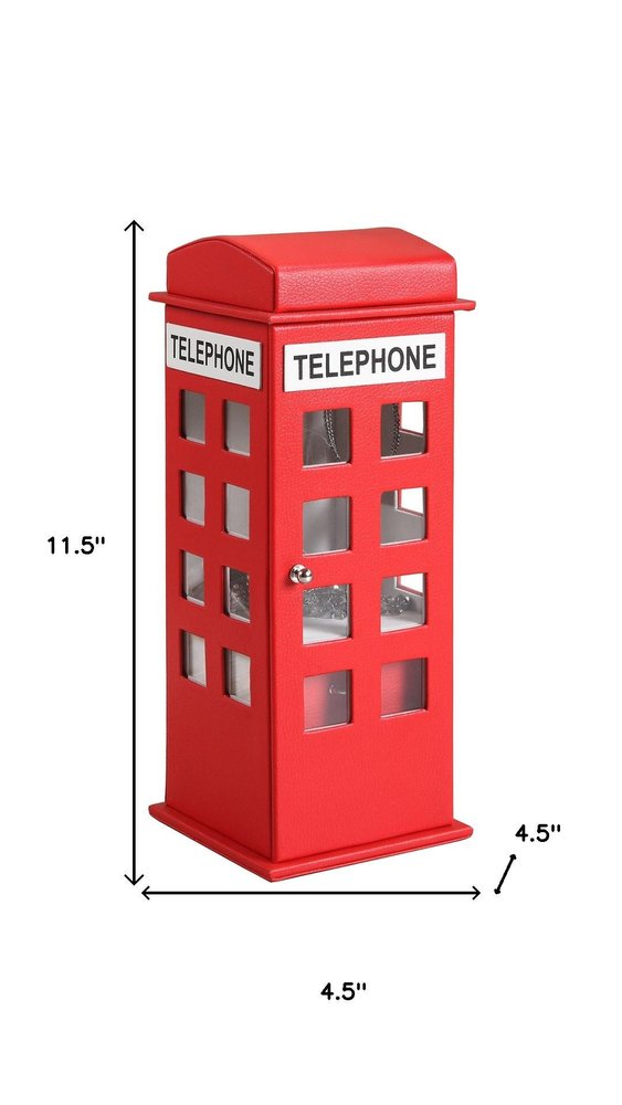 12" Red And White Faux Leather Telephone Booth Jewelry Box. Jewelry boxe isolated on a plain white background, in a red faux leather finish.