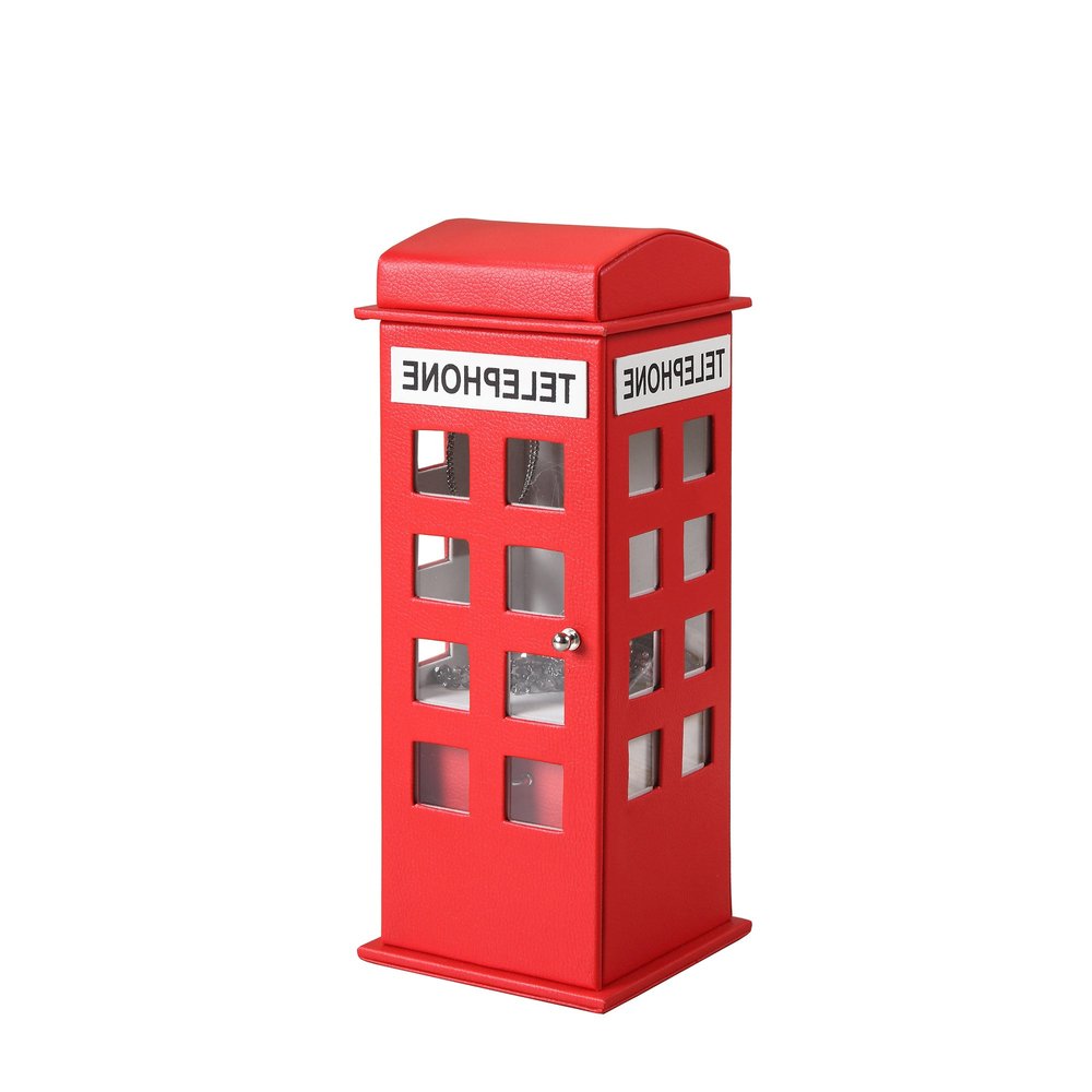 12" Red And White Faux Leather Telephone Booth Jewelry Box. Jewelry boxe isolated on a plain white background, finished in red faux leather.