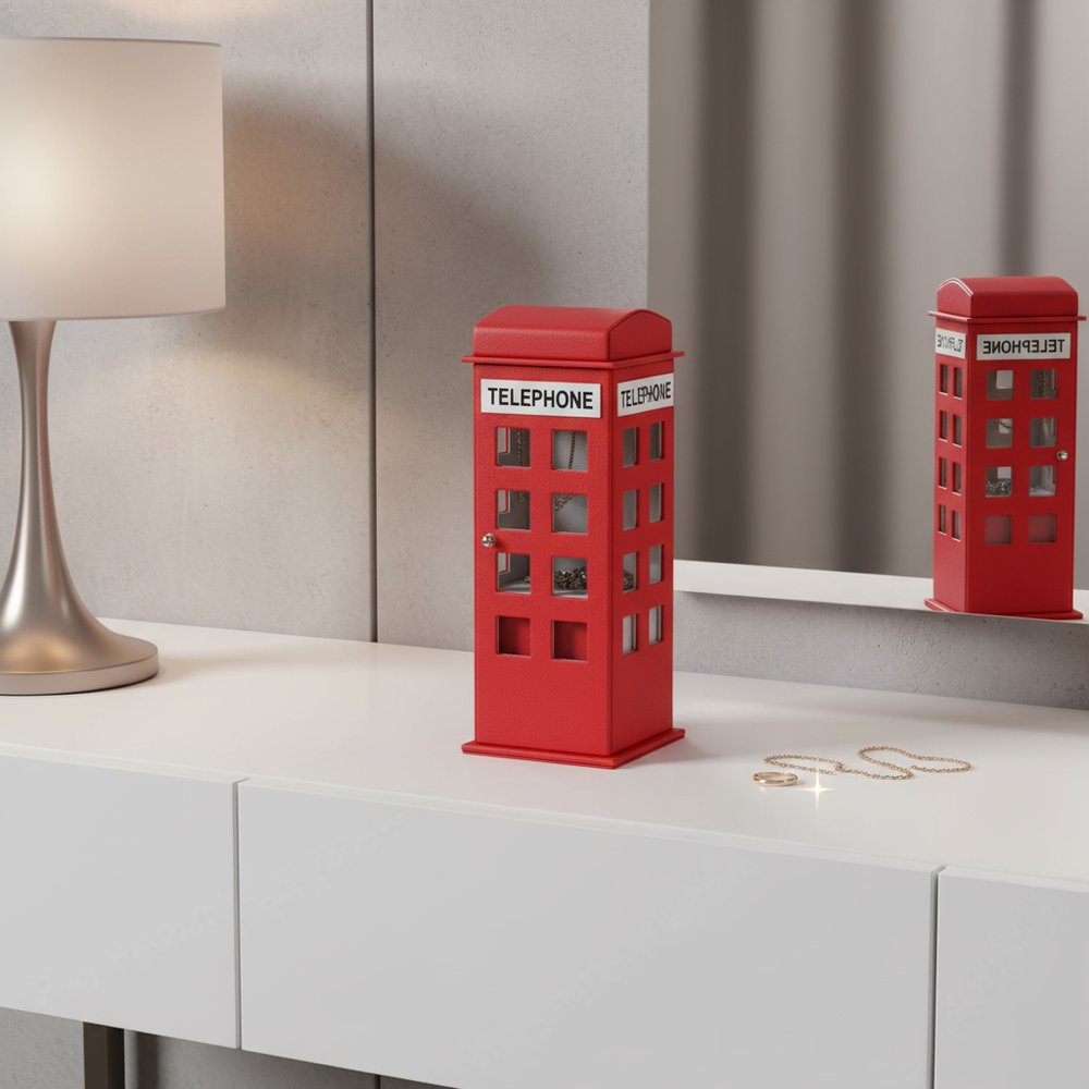 12" Red And White Faux Leather Telephone Booth Jewelry Box. Jewelry boxe isolated on a plain white background, showing a white faux leather surface.