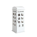 White faux leather telephone booth jewelry box with clear window panes on a white background.