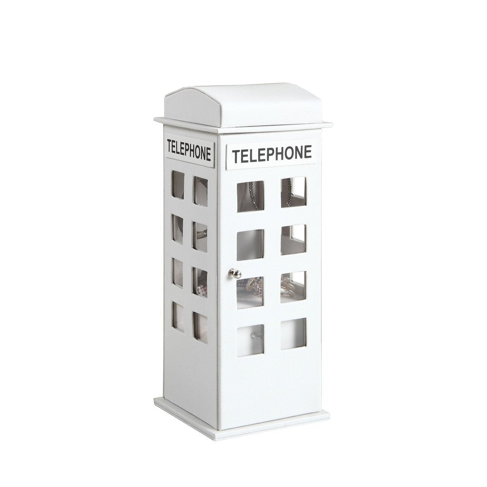 White faux leather telephone booth jewelry box with clear window panes on a white background.