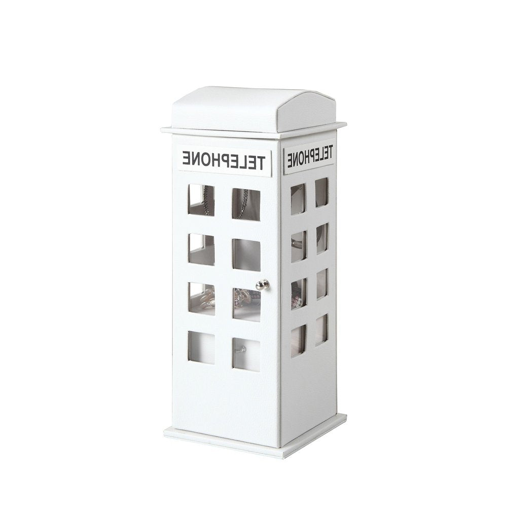 12" White Faux Leather Telephone Booth Jewelry Box. Jewelry boxe isolated on a plain white background, showing a white faux leather surface.