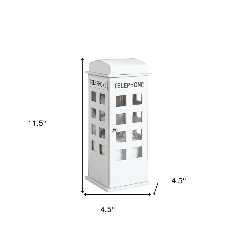 12" White Faux Leather Telephone Booth Jewelry Box. Jewelry boxe isolated on a plain white background, in a white faux leather finish.