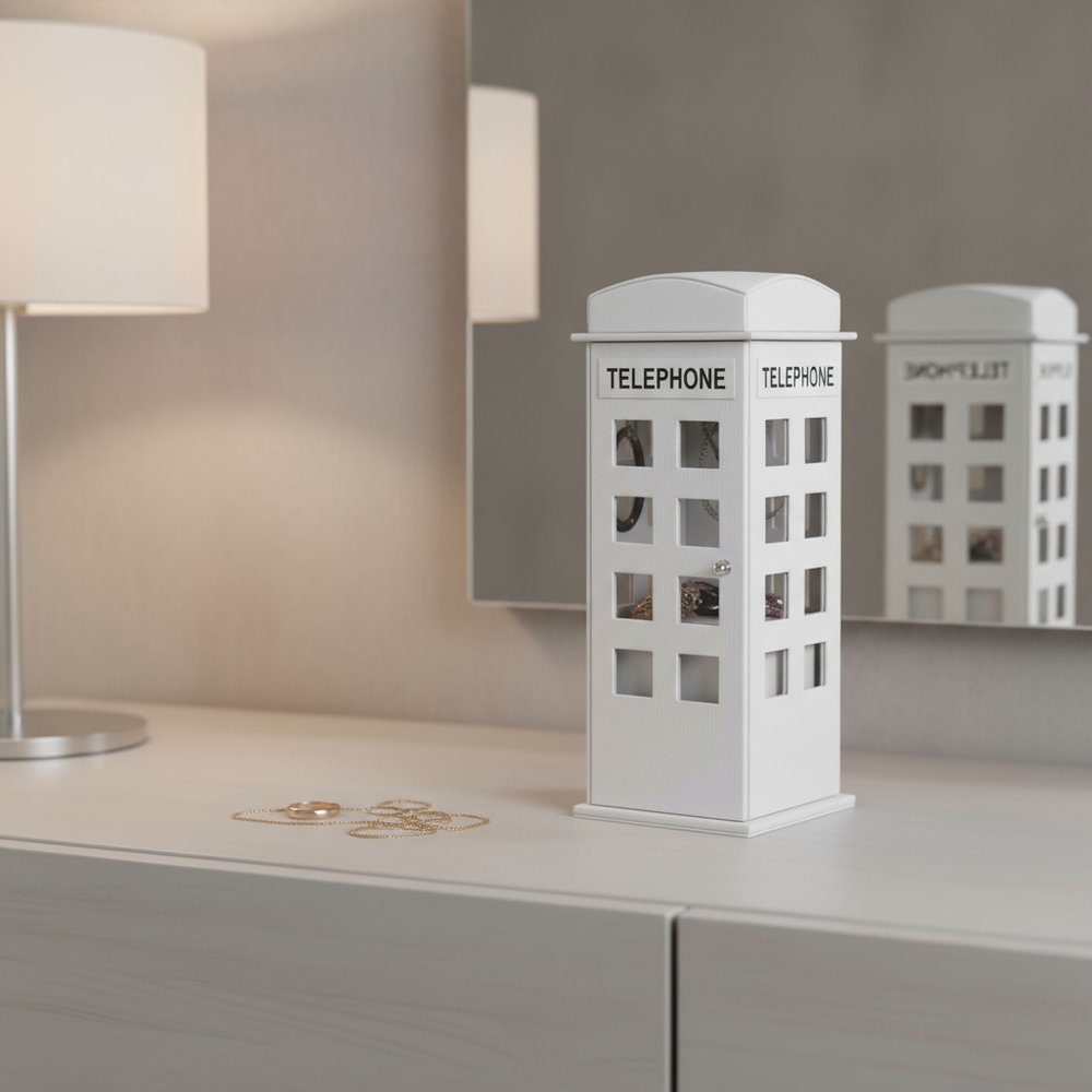 12" White Faux Leather Telephone Booth Jewelry Box.
