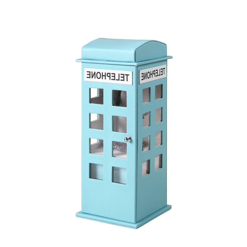12" White Faux Leather Telephone Booth Jewelry Box. Jewelry boxe isolated on a plain white background, showing a white faux leather surface.