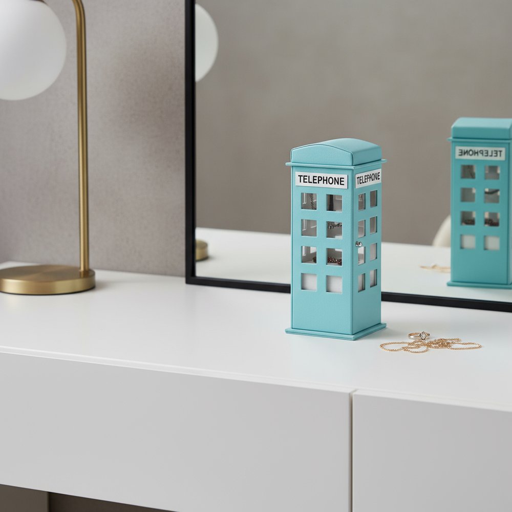 12" White Faux Leather Telephone Booth Jewelry Box styled in a furnished interior with a gray wall on a tiled floor.