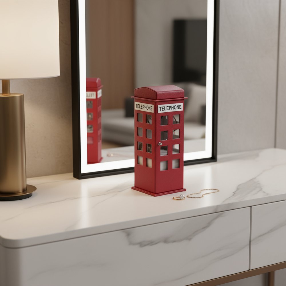 12" White Faux Leather Telephone Booth Jewelry Box styled in a furnished interior with a dark brown wall on a tiled floor.