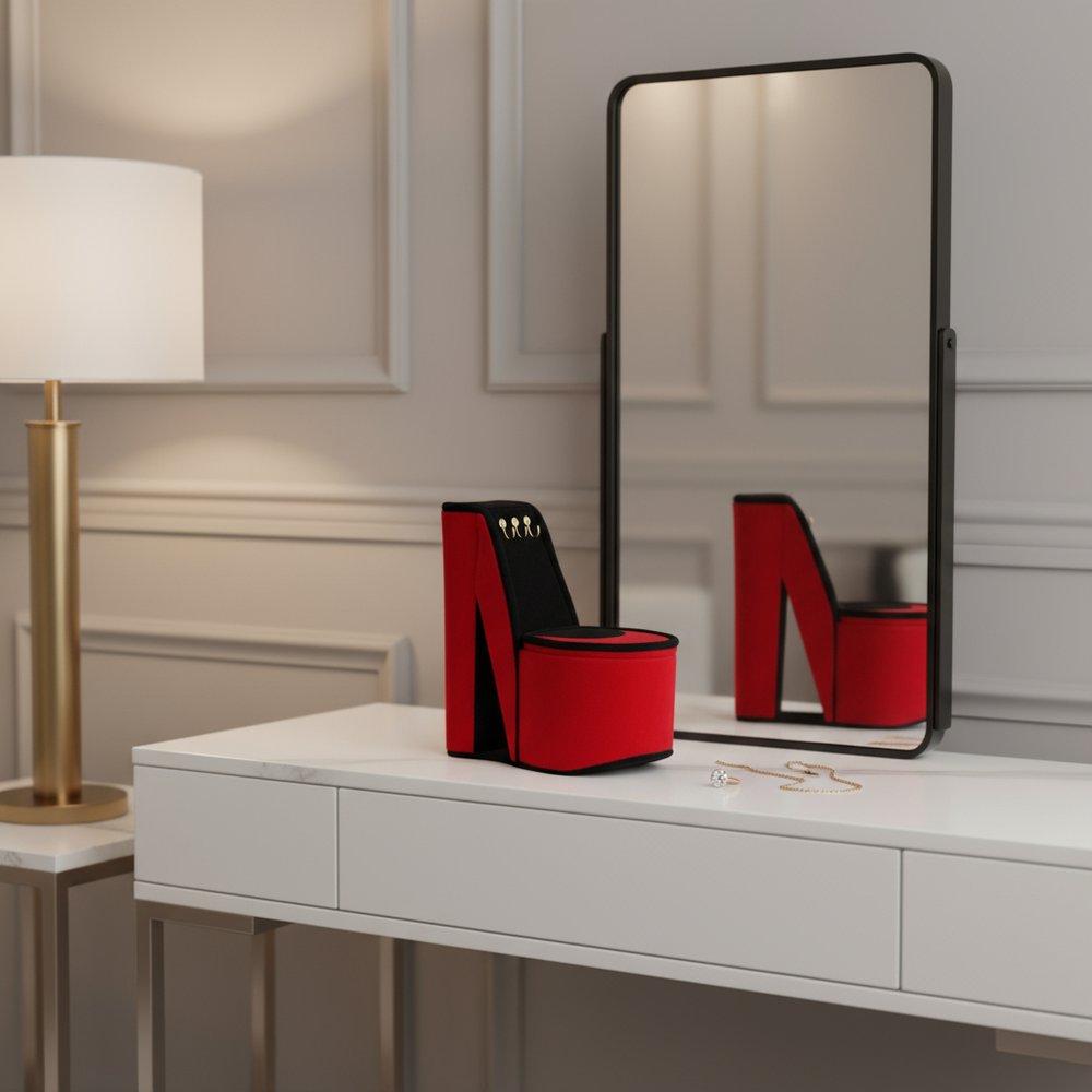 9" Red Black And Gold Velvet High Heel Jewelry Box in a home interior