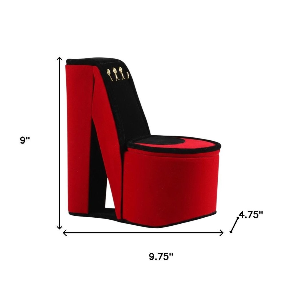 9" Red Black And Gold Velvet High Heel Jewelry Box on a white background