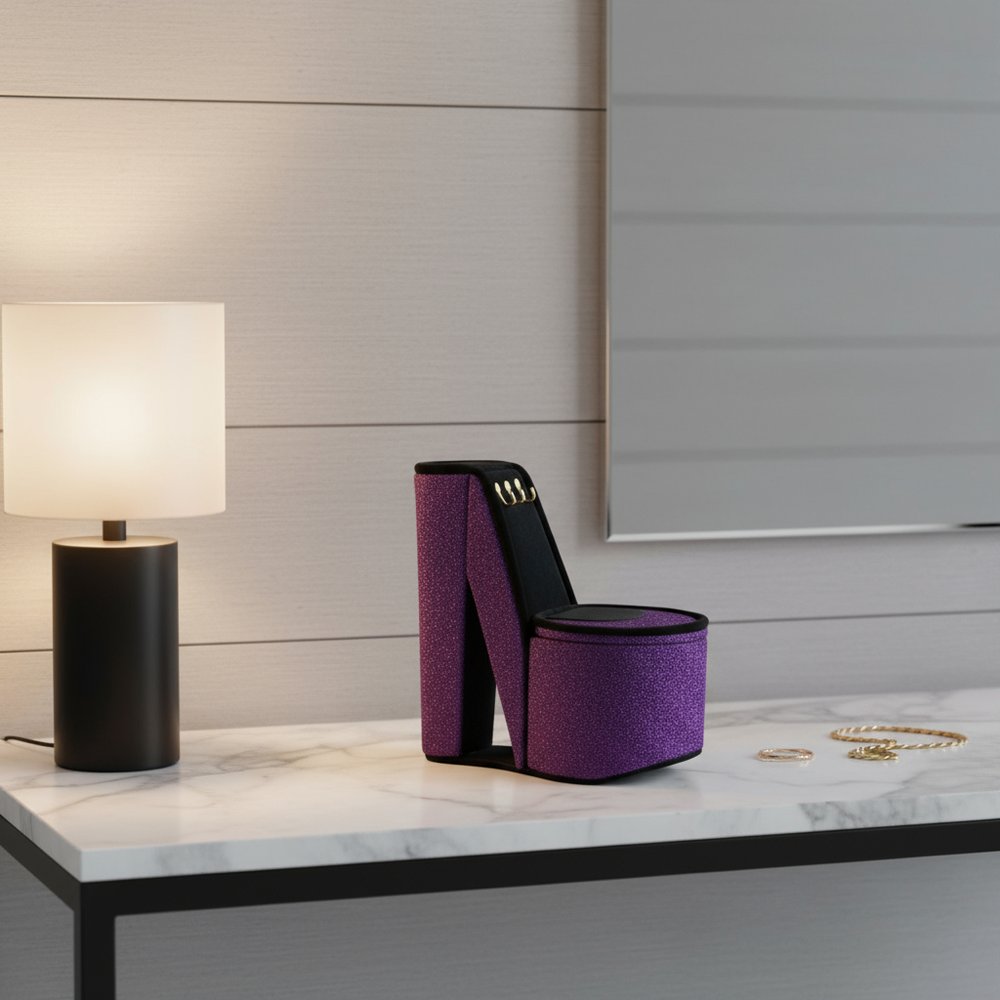 9" Red Black And Gold Leopard Print Velvet High Heel Jewelry Box in a home interior