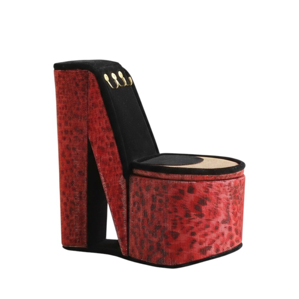 9" Red Black And Gold Leopard Print Velvet High Heel Jewelry Box