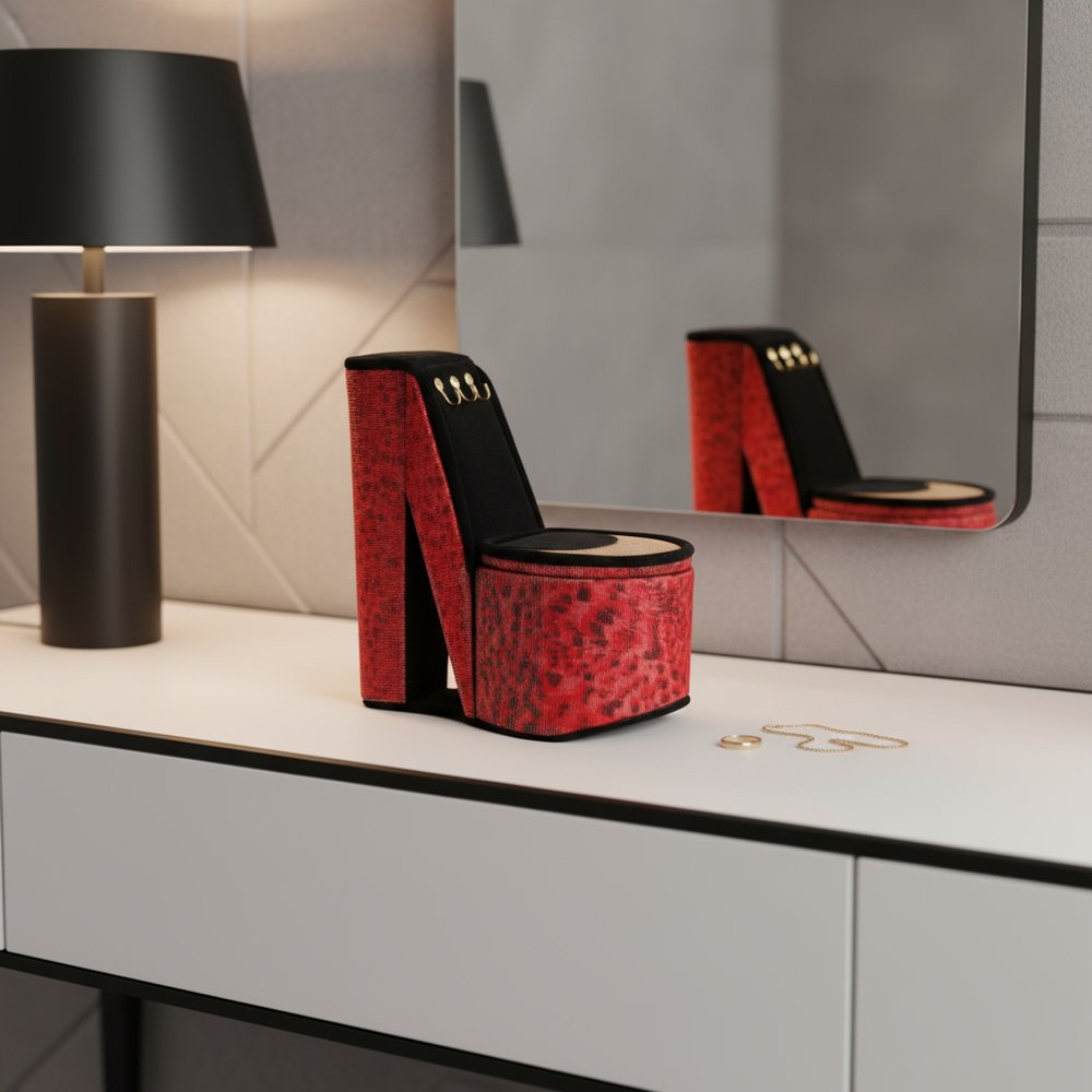 9" Red Black And Gold Leopard Print Velvet High Heel Jewelry Box