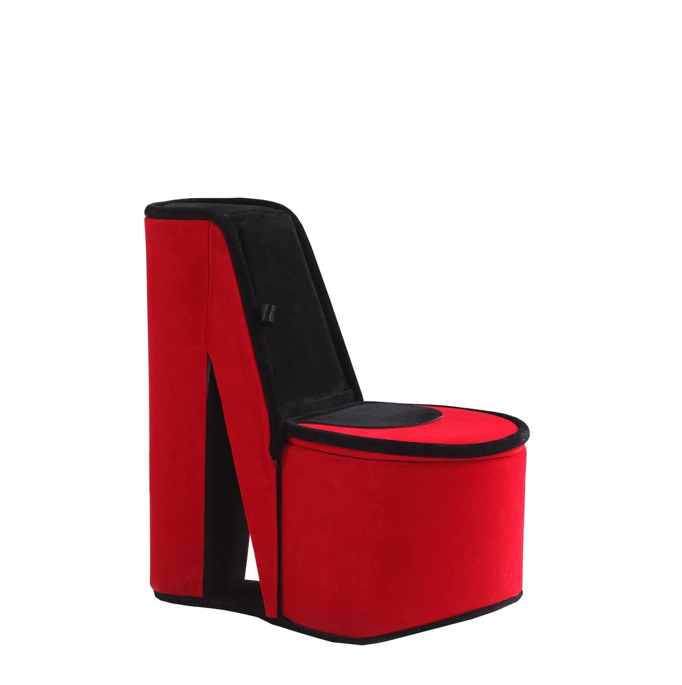 Red and black velvet high heel jewelry box with a thick platform and stiletto heel.