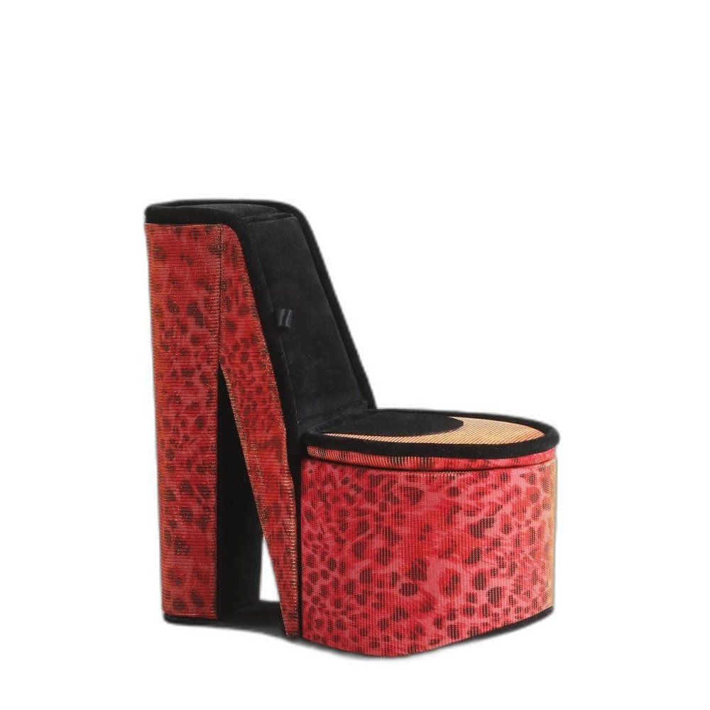 A red and black leopard print high heel jewelry box with a black velvet interior and a woven seat, isolated on a white background.
