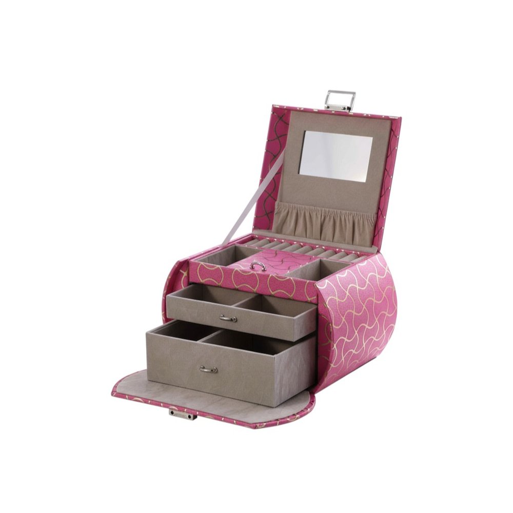 9" Hot Pink And Gold Faux Leather Abstract Scroll Jewelry Box Travel Case With Mirror on a white background