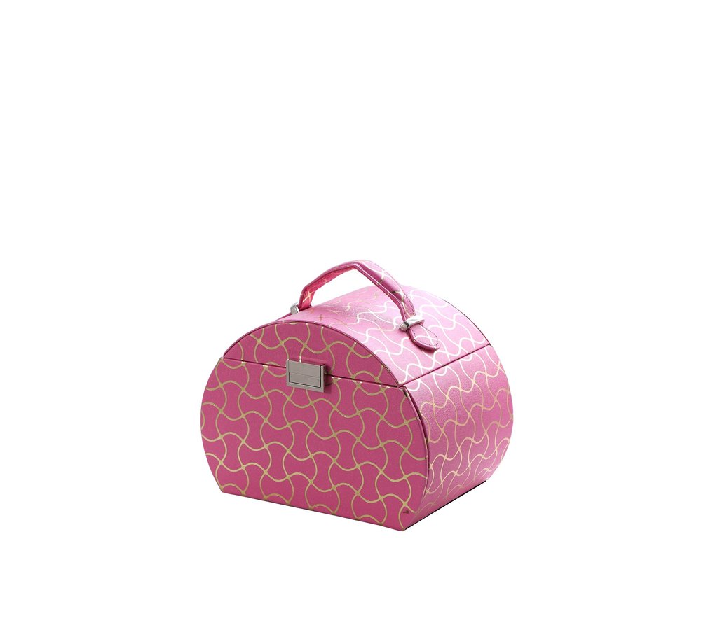 9" Hot Pink And Gold Faux Leather Abstract Scroll Jewelry Box Travel Case With Mirror on a white background