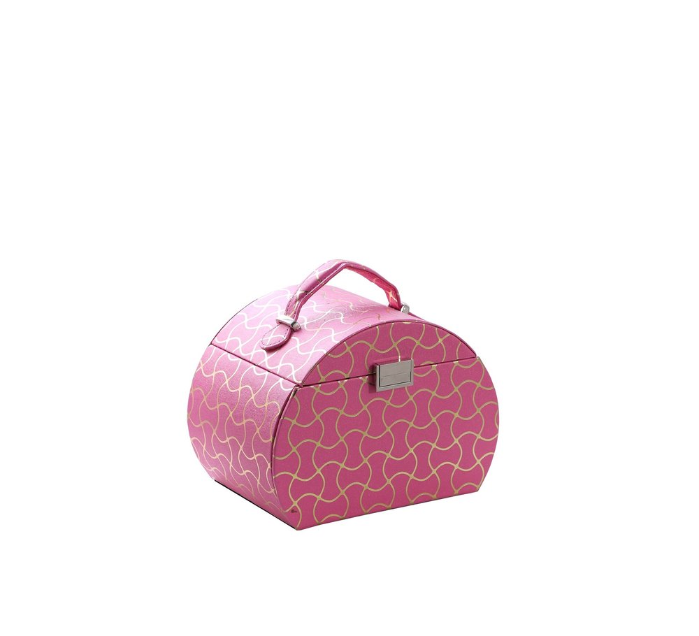 9" Hot Pink And Gold Faux Leather Abstract Scroll Jewelry Box Travel Case With Mirror on a white background