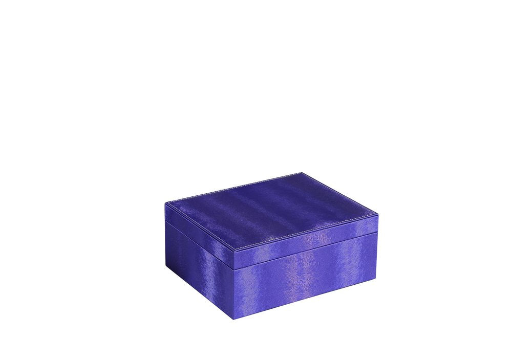 10" Azure Faux Leather Six Section Mirrored Jewelry Box. Jewelry boxe isolated on a plain white background, showing a navy faux leather surface.