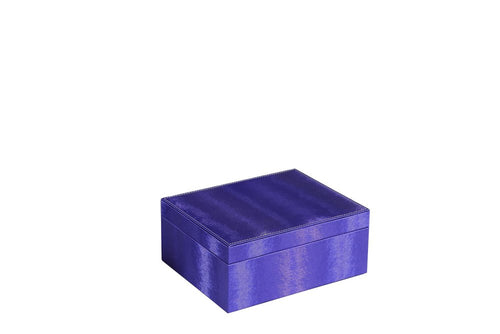 10" Azure Faux Leather Six Section Mirrored Jewelry Box. Jewelry boxe isolated on a plain white background, showing a navy faux leather surface.