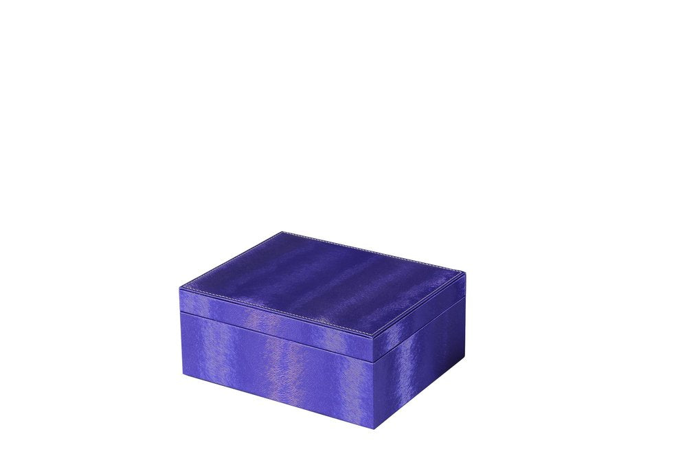 10" Azure Faux Leather Six Section Mirrored Jewelry Box. Jewelry boxe isolated on a plain white background, finished in navy faux leather.