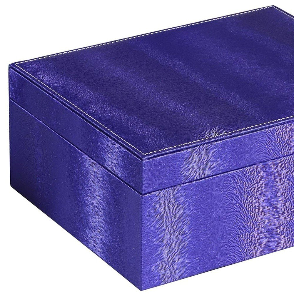 10" Azure Faux Leather Six Section Mirrored Jewelry Box. Jewelry boxe isolated on a plain white background, showing a navy faux leather surface.