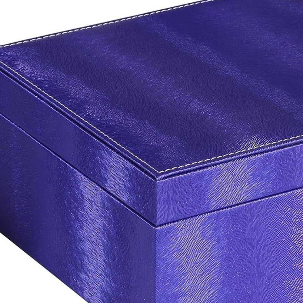 10" Azure Faux Leather Six Section Mirrored Jewelry Box close-up highlighting the navy faux leather surface.