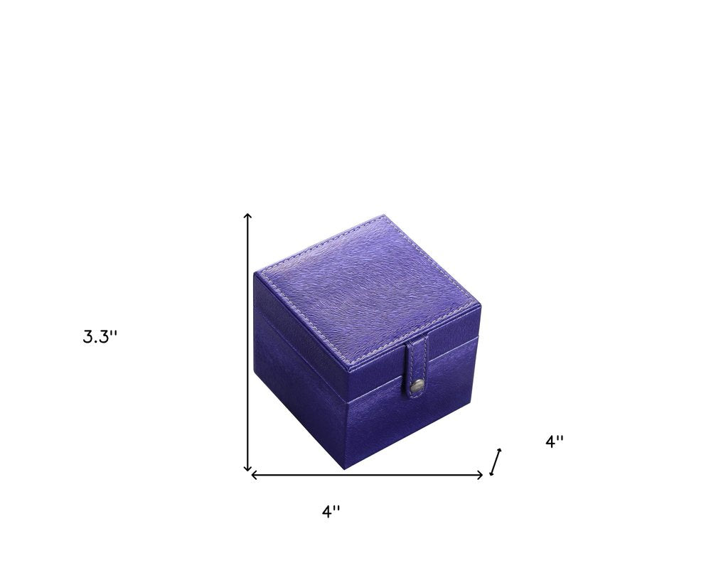 4" Azure Faux Leather Five Section Jewelry Box Travel Case With Mirror. Jewelry boxe isolated on a plain white background, finished in navy faux leather.