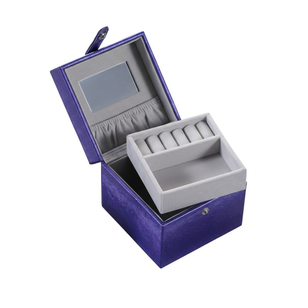 4" Azure Faux Leather Five Section Jewelry Box Travel Case With Mirror. Jewelry boxe isolated on a plain white background, showing a gray faux leather surface.