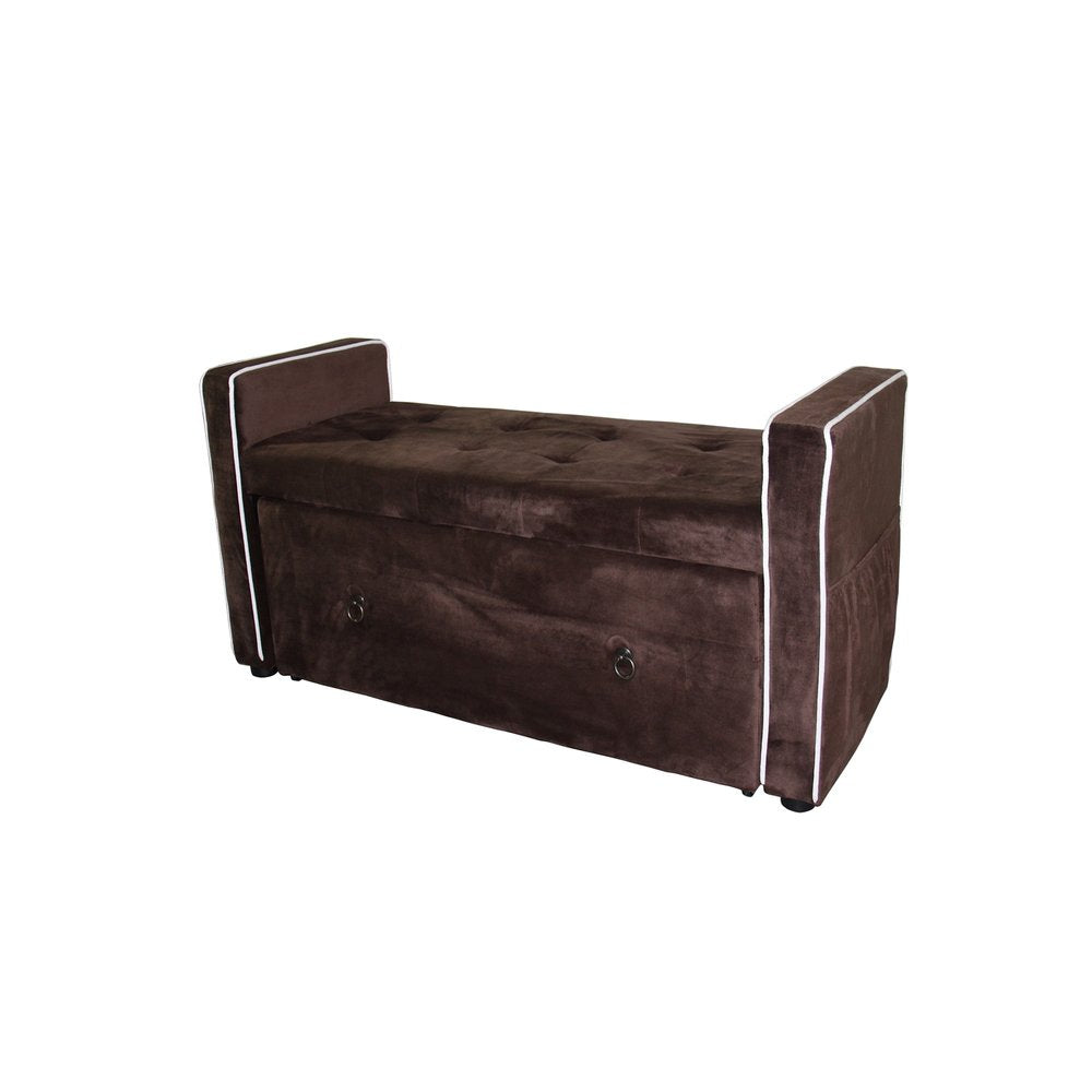 Brown suede storage bench with tufted top and two drawers with ring pulls, on a white background.