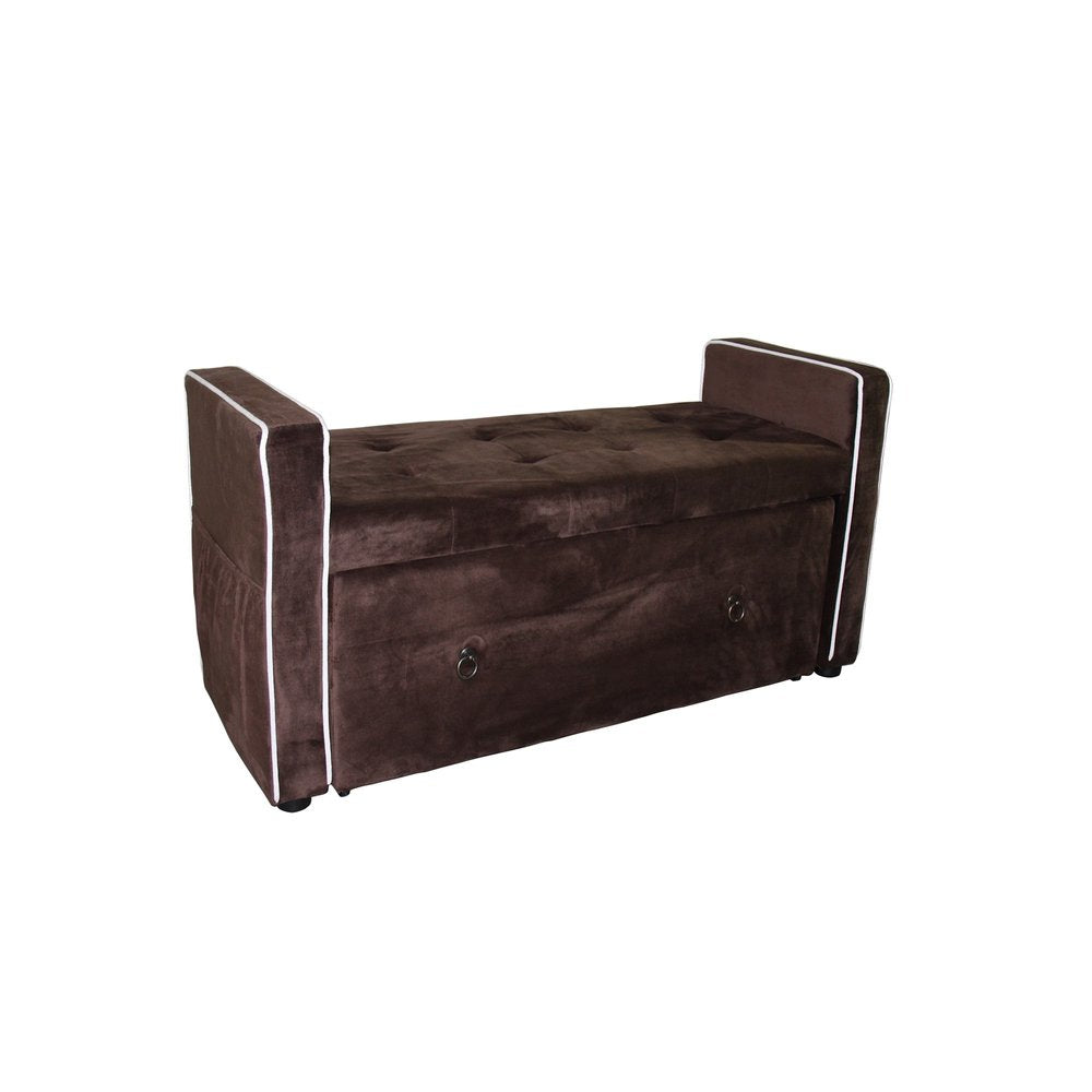 Brown Suede Shoe Storage Bench with Drawer on a white background