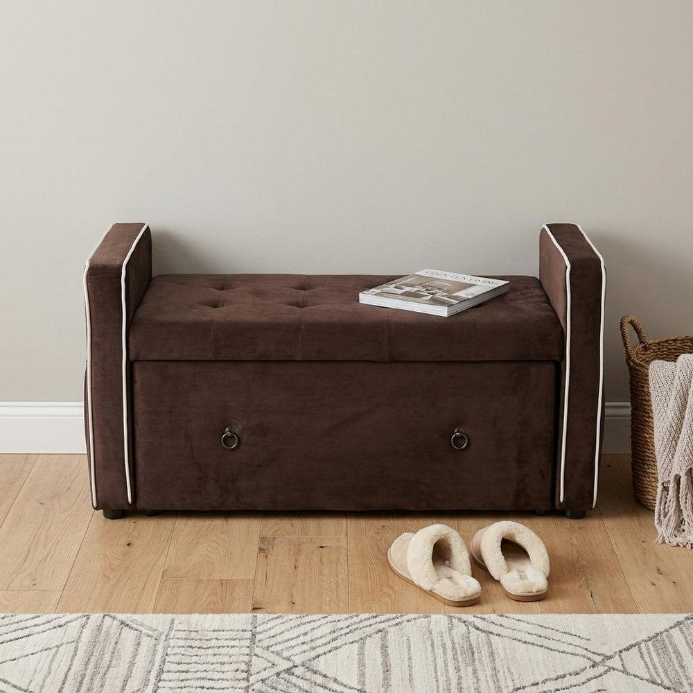 Brown Suede Shoe Storage Bench with Drawer on a white background